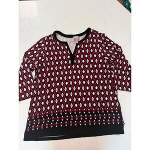 Chicos Geometric Diamond Print Split V-Neck Tunic Top Burgundy Black Size 2 L